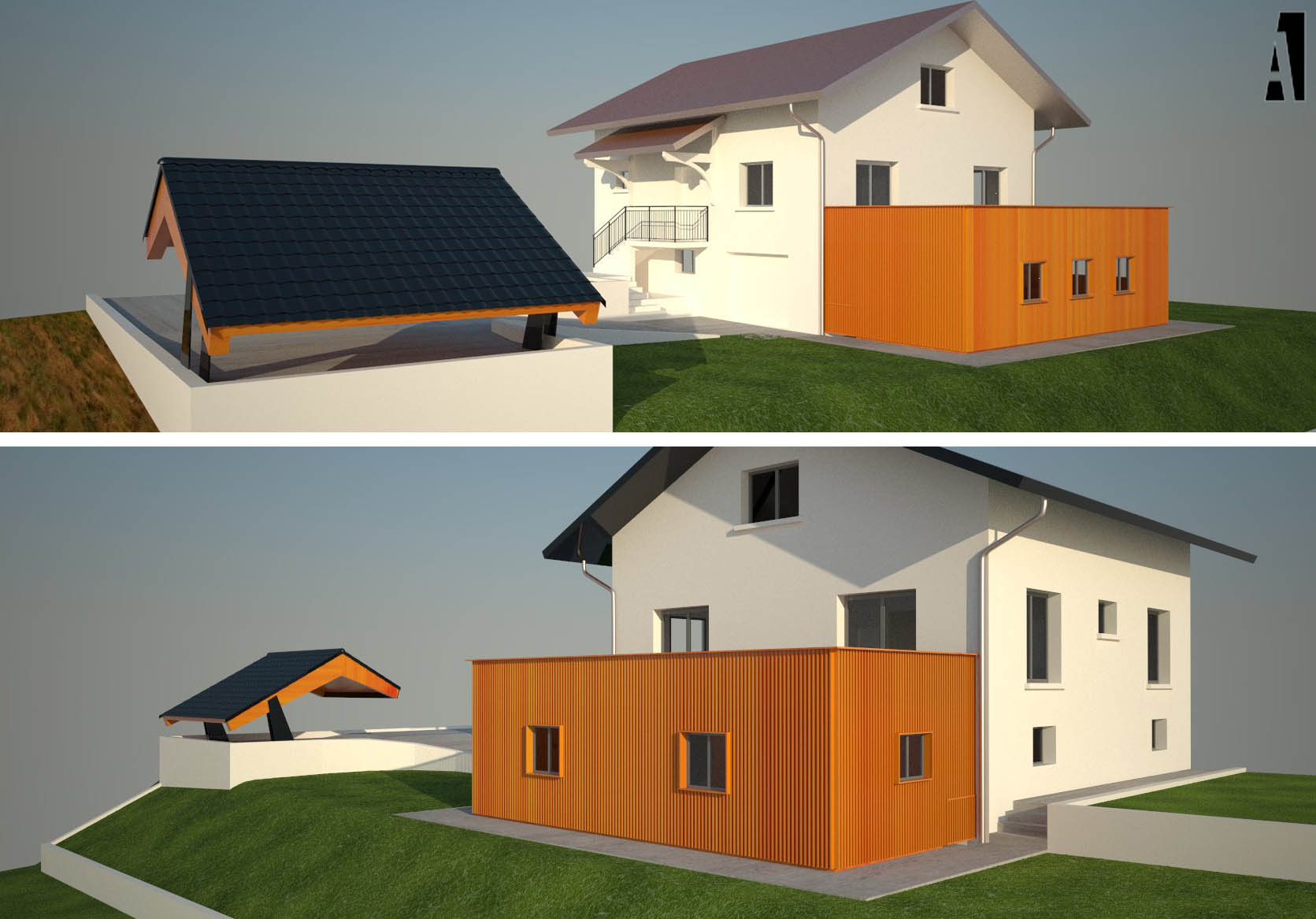 illustrations extension d'une maison en bois 